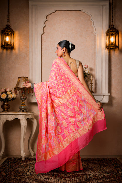 Pure Handwoven Silk Georgette, Rai Bandhani Saree, Royal Pink