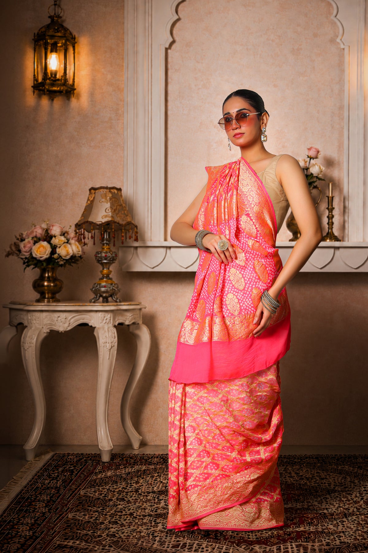 Pure Handwoven Silk Georgette, Rai Bandhani Saree, Royal Pink