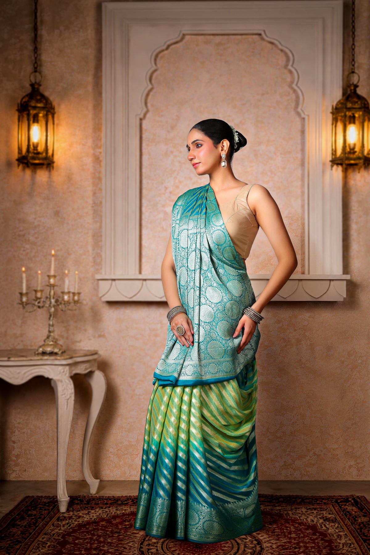 Handwoven Silk Georgette Lehariya Banarasi Saree – Sea Green & Turquoise