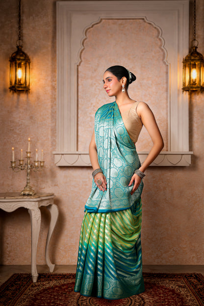 Handwoven Silk Georgette Lehariya Banarasi Saree – Sea Green & Turquoise