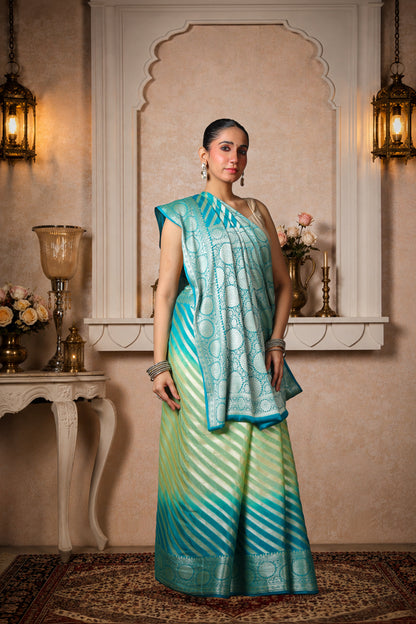 Handwoven Silk Georgette Lehariya Banarasi Saree – Sea Green & Turquoise