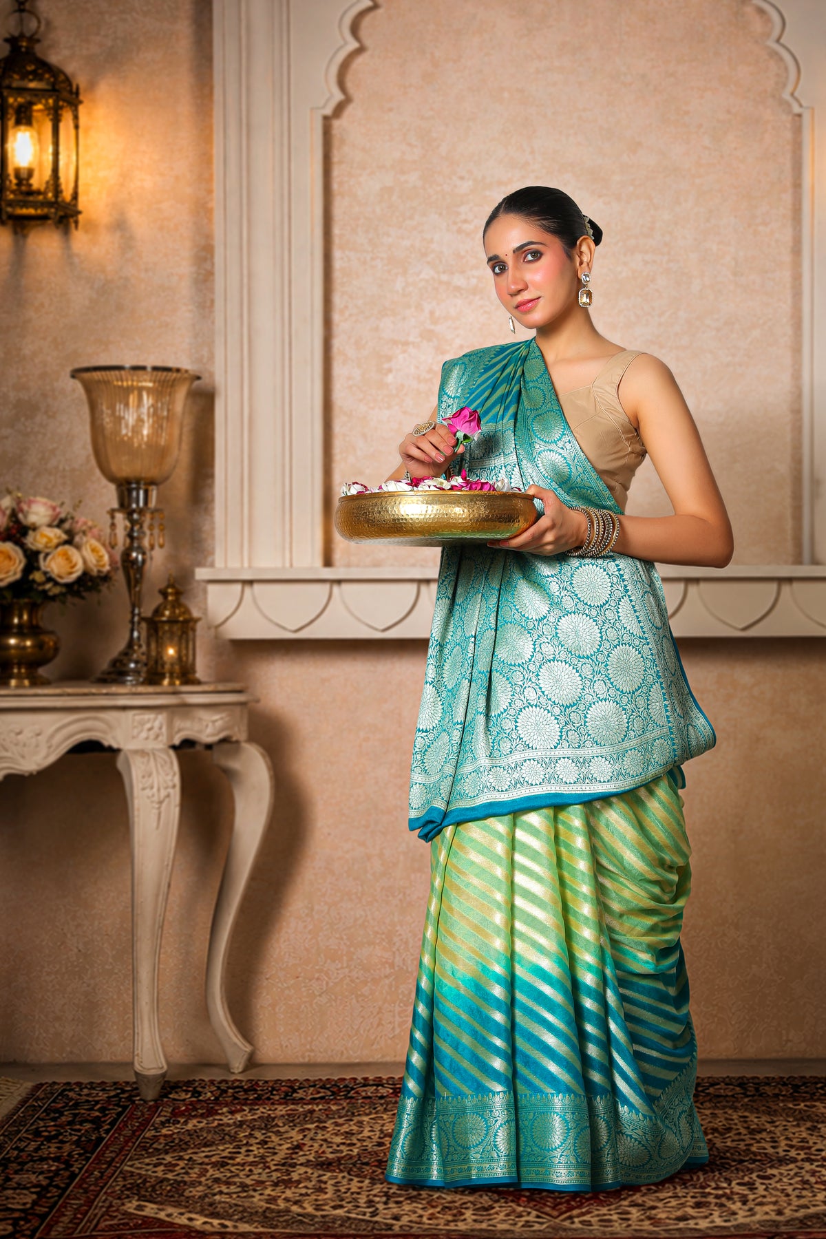 Handwoven Silk Georgette Lehariya Banarasi Saree – Sea Green & Turquoise