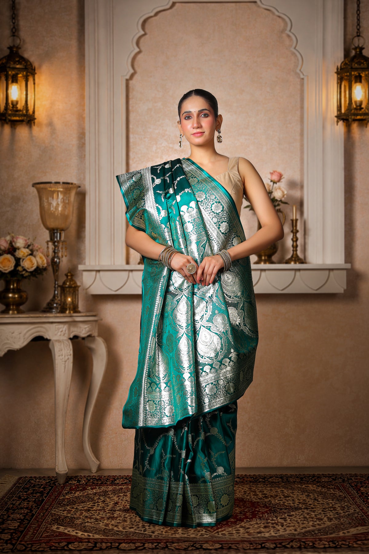 Pure Silk Satin Banarasi Saree, Royal Green with Silver zari Bel pattern Border