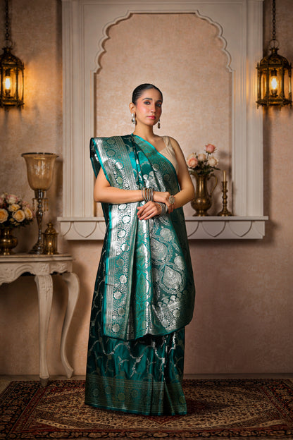 Pure Silk Satin Banarasi Saree, Royal Green with Silver zari Bel pattern Border