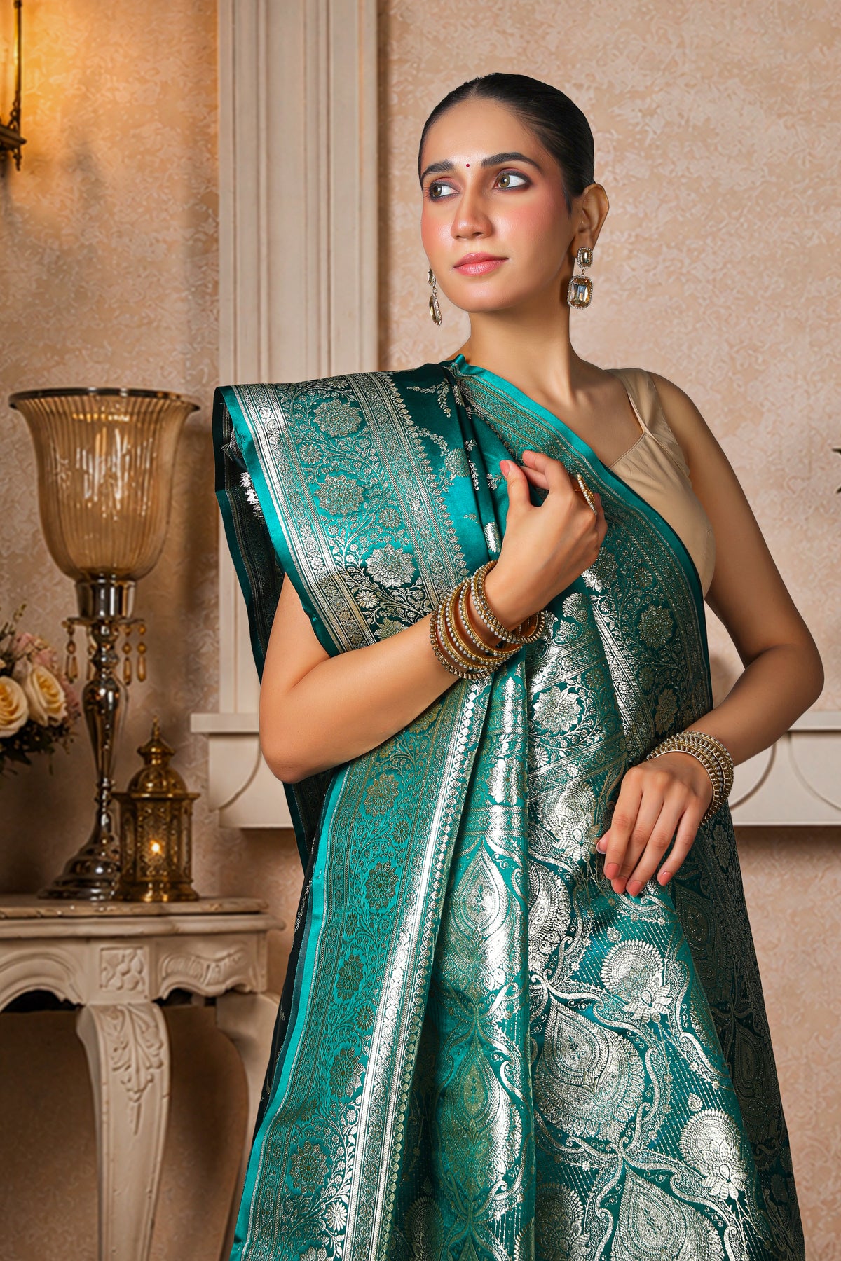 Pure Silk Satin Banarasi Saree, Royal Green with Silver zari Bel pattern Border