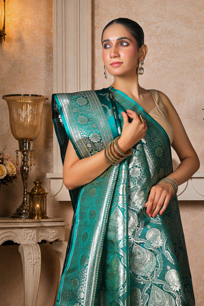 Pure Silk Satin Banarasi Saree, Royal Green with Silver zari Bel pattern Border