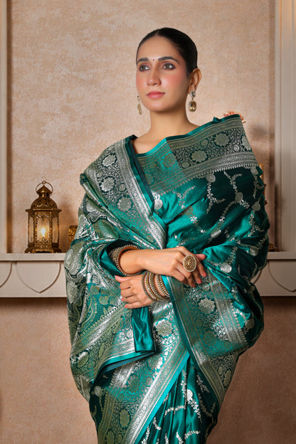 Pure Silk Satin Banarasi Saree, Royal Green with Silver zari Bel pattern Border