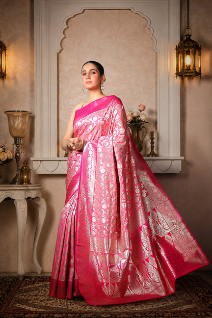 Rayon Silk Paudi Jungla Banarasi Saree – Rose Pink Silver Work