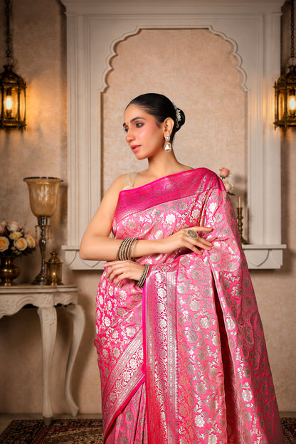 Rayon Silk Paudi Jungla Banarasi Saree – Rose Pink Silver Work