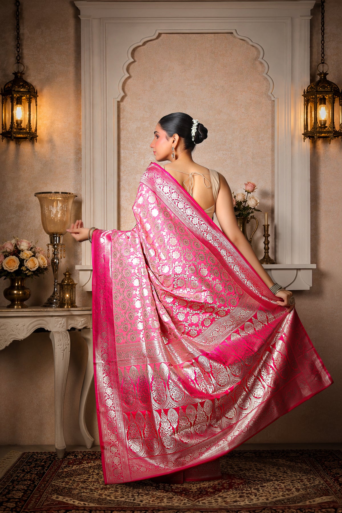 Rayon Silk Paudi Jungla Banarasi Saree – Rose Pink Silver Work