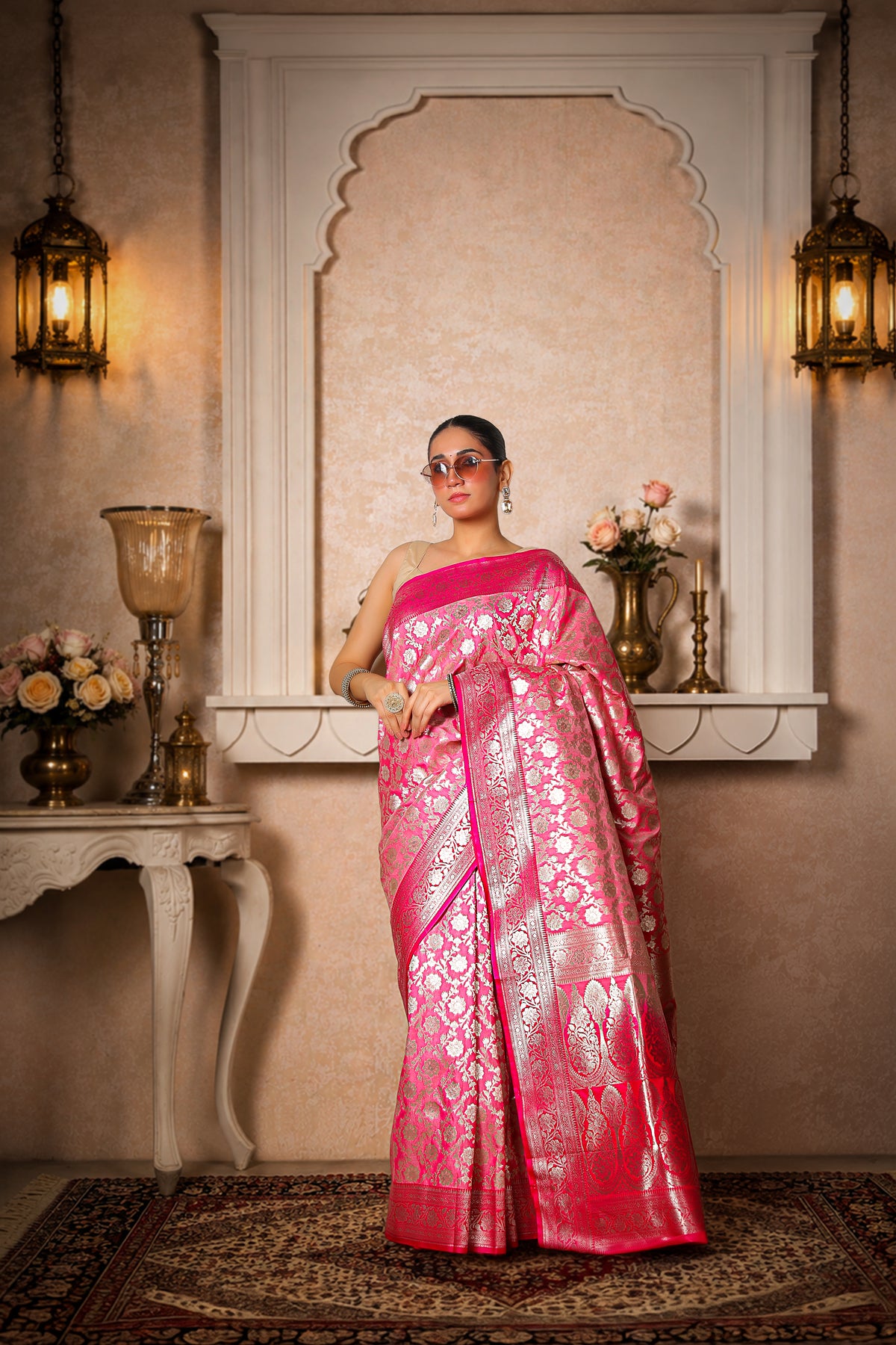 Rayon Silk Paudi Jungla Banarasi Saree – Rose Pink Silver Work
