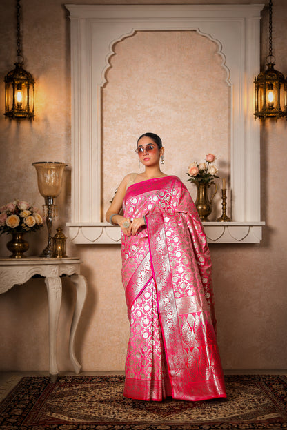 Rayon Silk Paudi Jungla Banarasi Saree – Rose Pink Silver Work