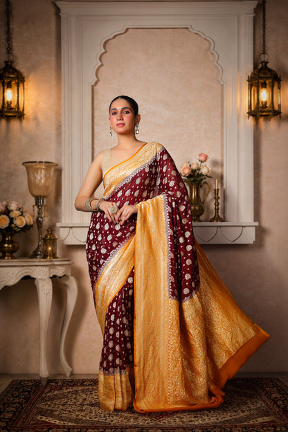 Handwoven Silk Georgette Banarasi Saree, Coffee & Mustard Yellow Border and Aanchal