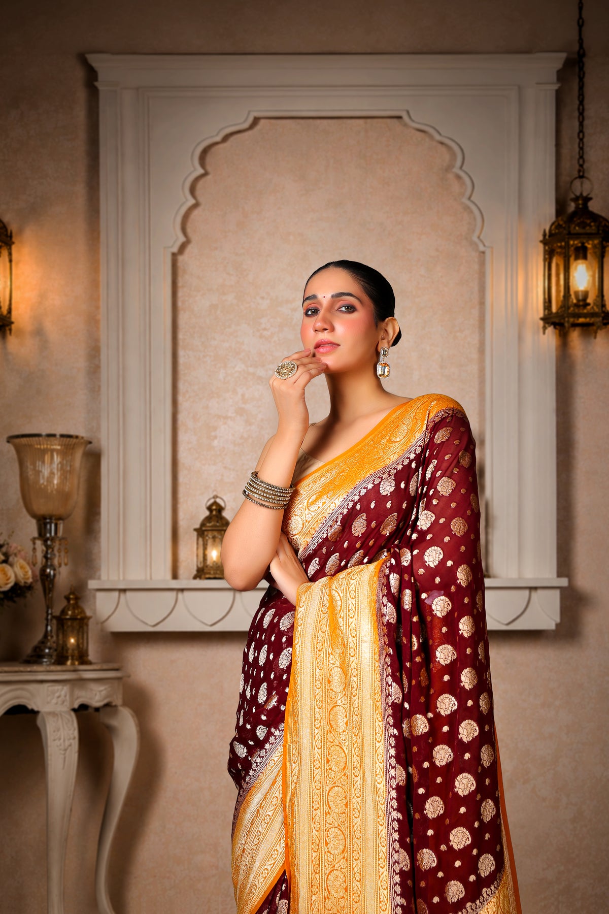 Handwoven Silk Georgette Banarasi Saree, Coffee & Mustard Yellow Border and Aanchal
