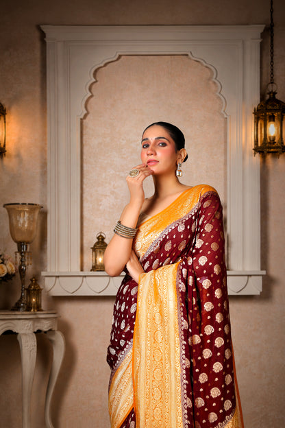 Handwoven Silk Georgette Banarasi Saree, Coffee & Mustard Yellow Border and Aanchal