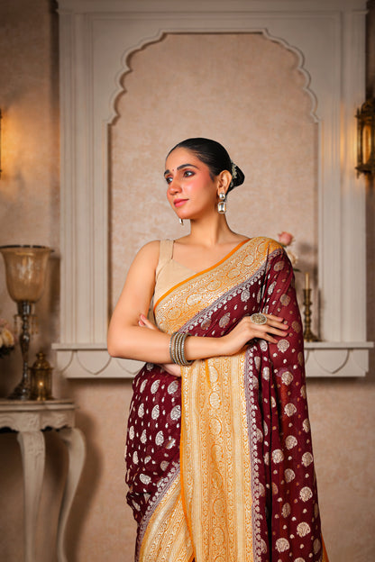Handwoven Silk Georgette Banarasi Saree, Coffee & Mustard Yellow Border and Aanchal