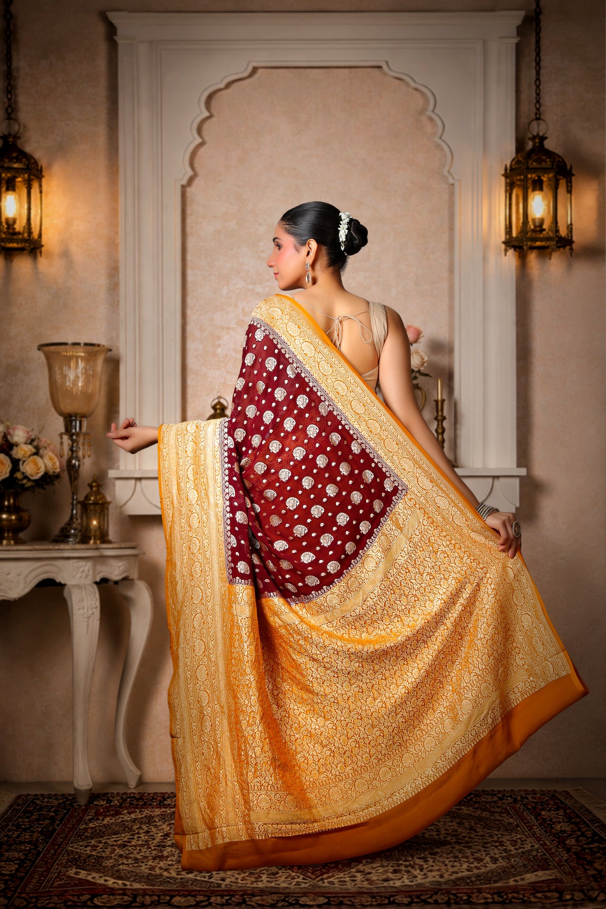 Handwoven Silk Georgette Banarasi Saree, Coffee & Mustard Yellow Border and Aanchal