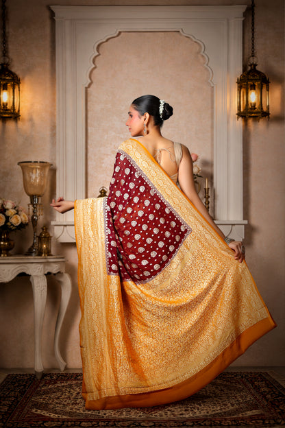 Handwoven Silk Georgette Banarasi Saree, Coffee & Mustard Yellow Border and Aanchal