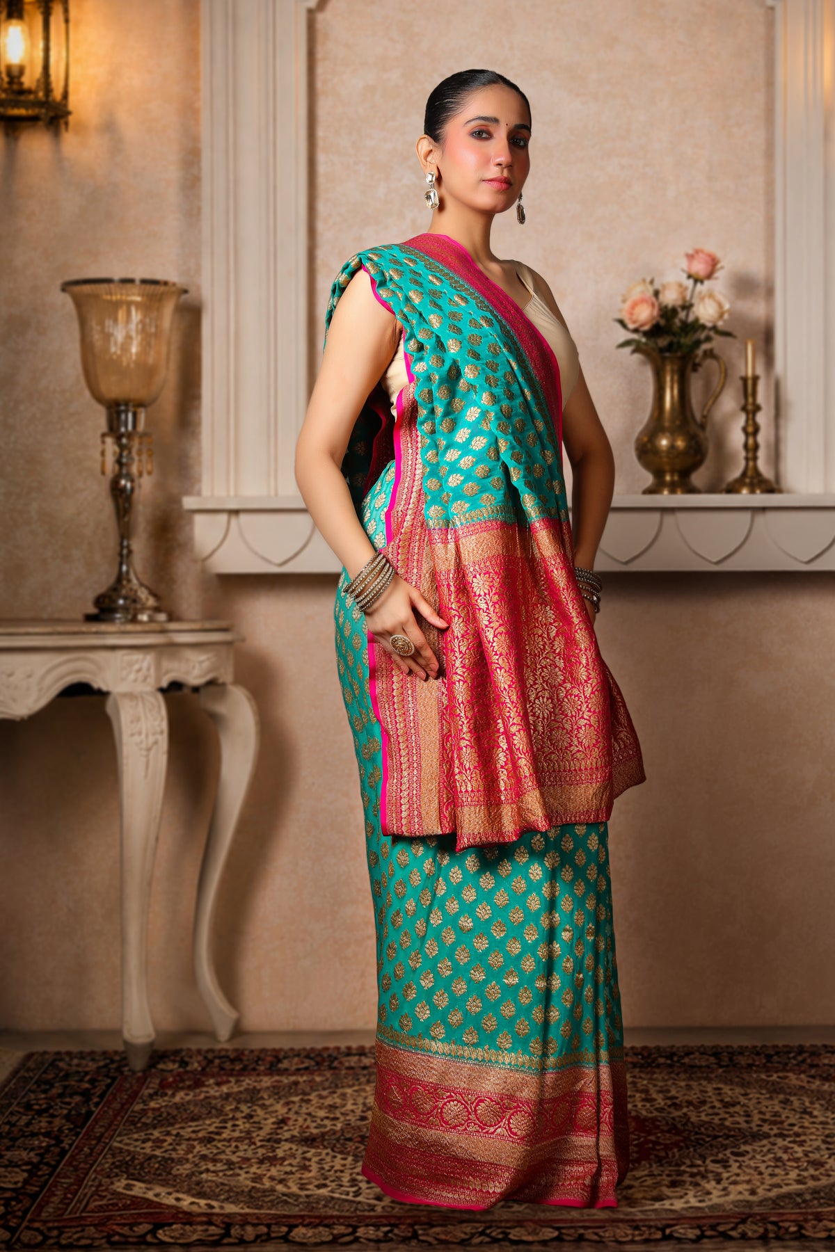 Handwoven Silk Georgette Banarasi Saree, Teal with Magenta Border & Aanchal