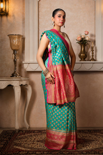 Handwoven Silk Georgette Banarasi Saree, Teal with Magenta Border & Aanchal