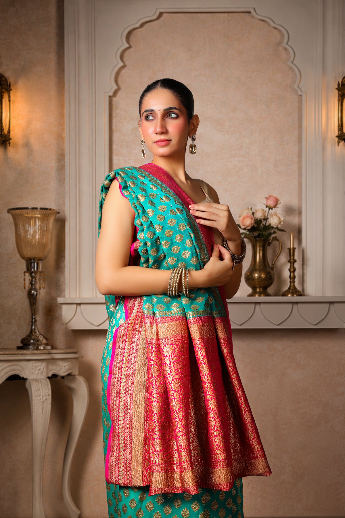 Handwoven Silk Georgette Banarasi Saree, Teal with Magenta Border & Aanchal