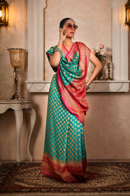 Handwoven Silk Georgette Banarasi Saree, Teal with Magenta Border & Aanchal