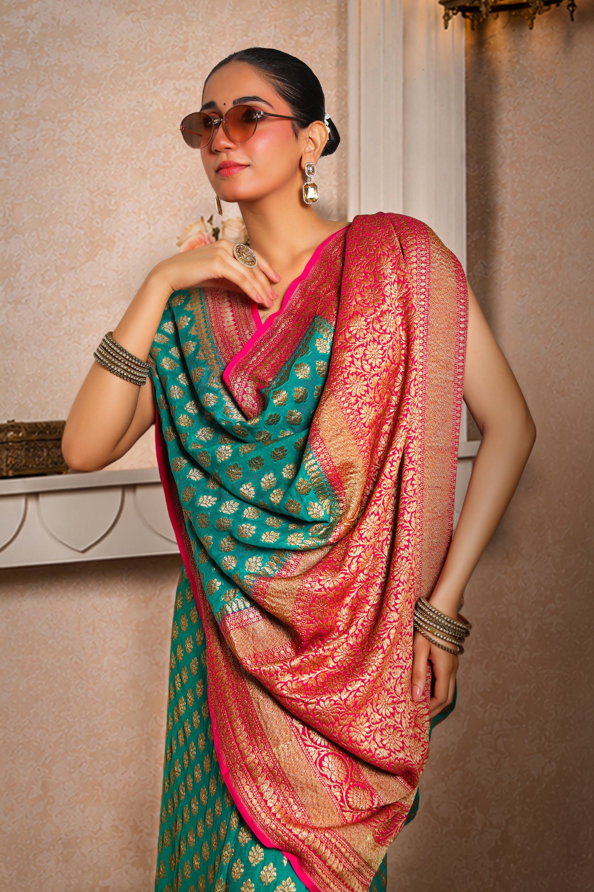 Handwoven Silk Georgette Banarasi Saree, Teal with Magenta Border & Aanchal