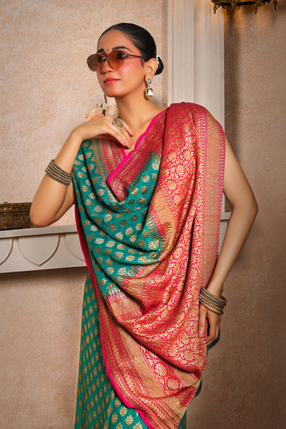 Handwoven Silk Georgette Banarasi Saree, Teal with Magenta Border & Aanchal