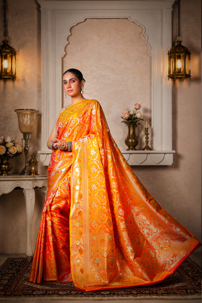 Pure Silk Kinkhwab Banarasi Saree – Orange Yellow with Gold Border