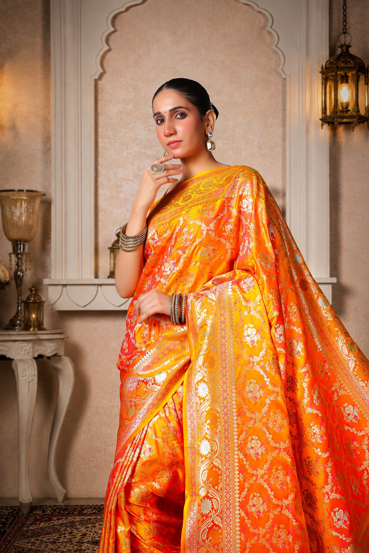 Pure Silk Kinkhwab Banarasi Saree – Orange Yellow with Gold Border
