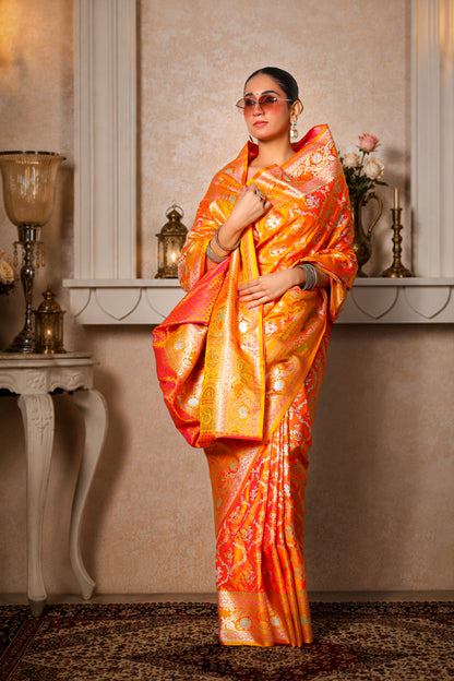 Pure Silk Kinkhwab Banarasi Saree – Orange Yellow with Gold Border
