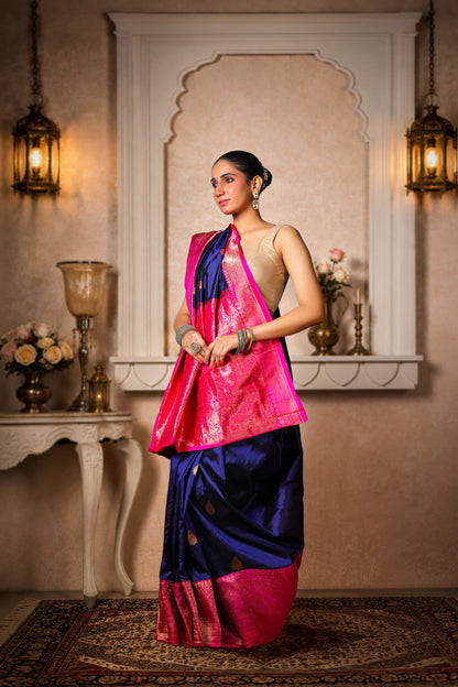 100% Pure Silk Banarasi Saree, Navy Blue with Magenta Border