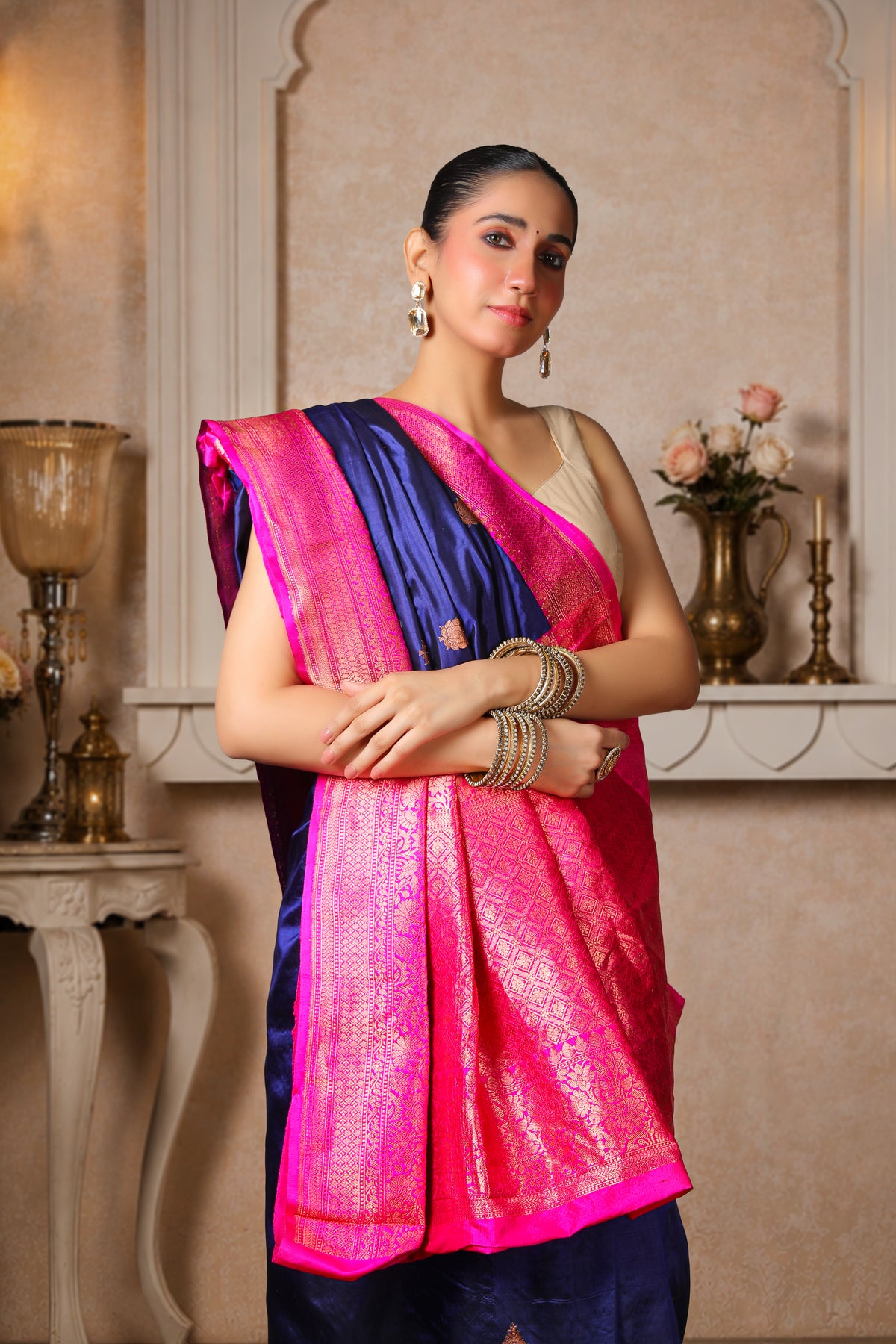 100% Pure Silk Banarasi Saree, Navy Blue with Magenta Border