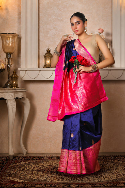 100% Pure Silk Banarasi Saree, Navy Blue with Magenta Border