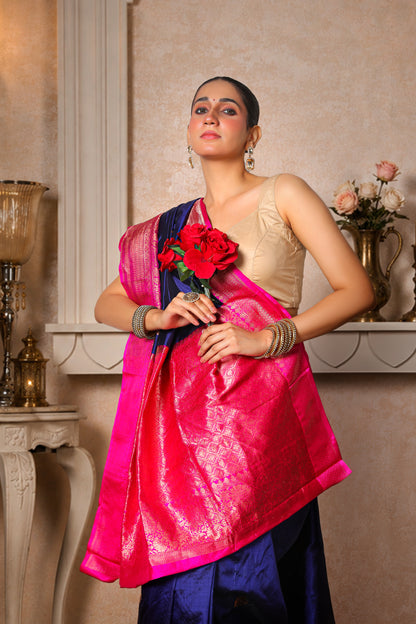 100% Pure Silk Banarasi Saree, Navy Blue with Magenta Border