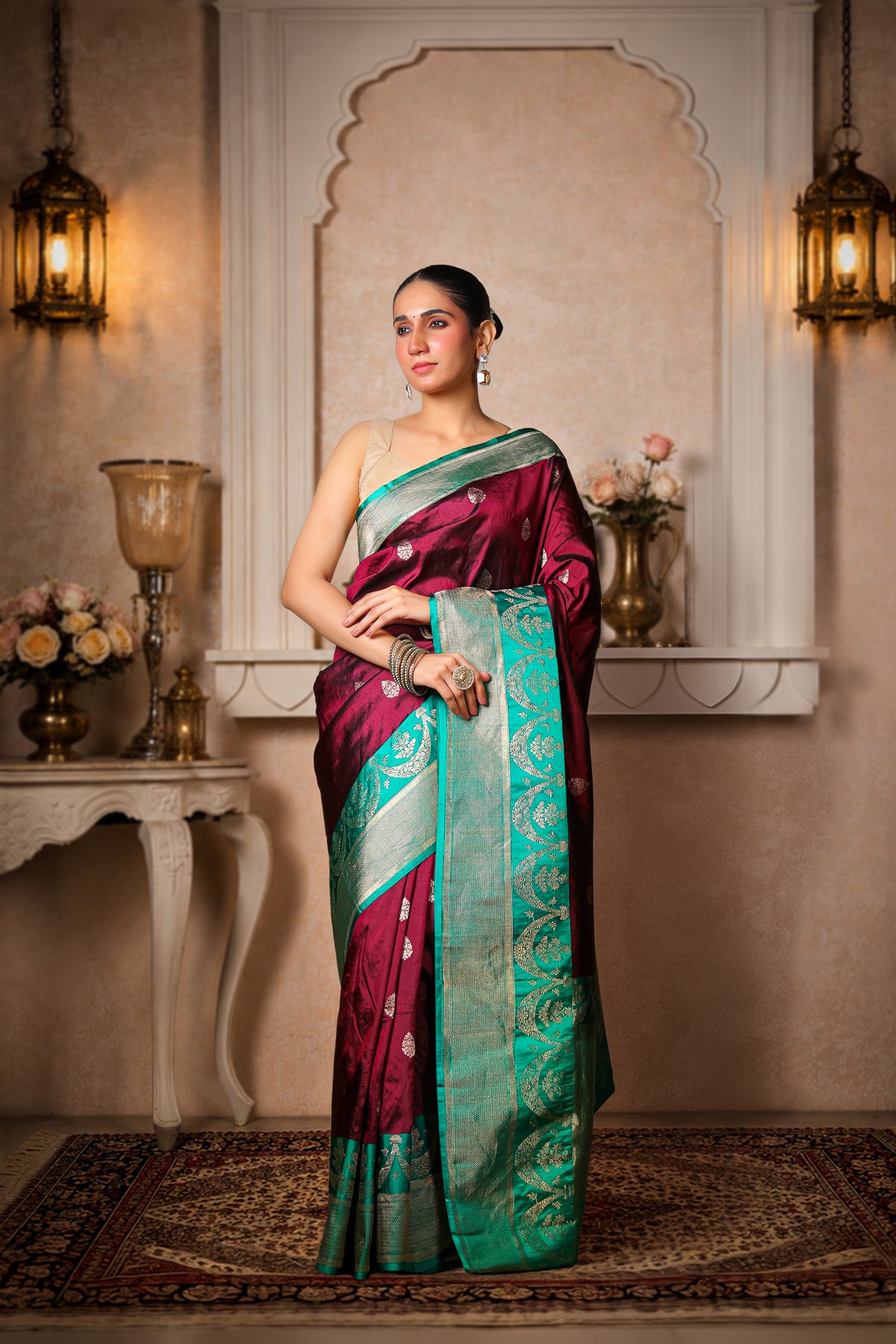 100% Pure Silk Banarasi Saree, Coffee with Teal Green Border and Aanchal