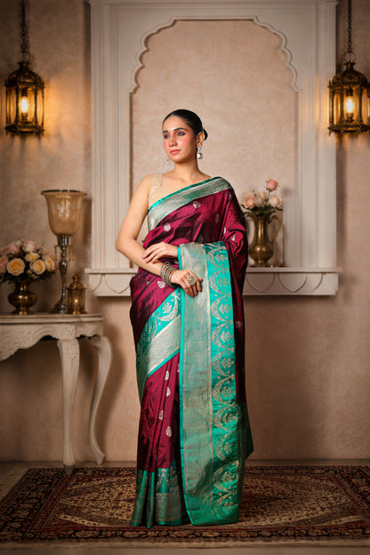 100% Pure Silk Banarasi Saree, Coffee with Teal Green Border and Aanchal