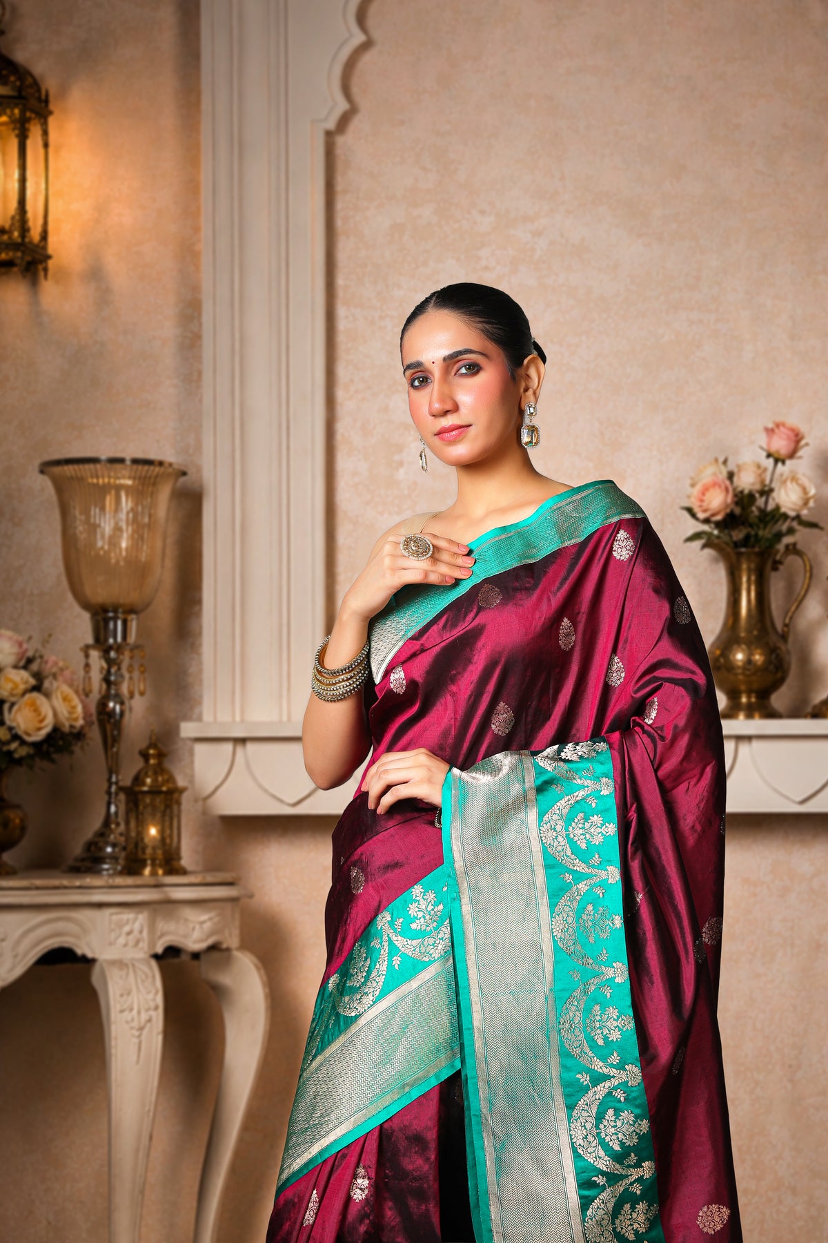 100% Pure Silk Banarasi Saree, Coffee with Teal Green Border and Aanchal
