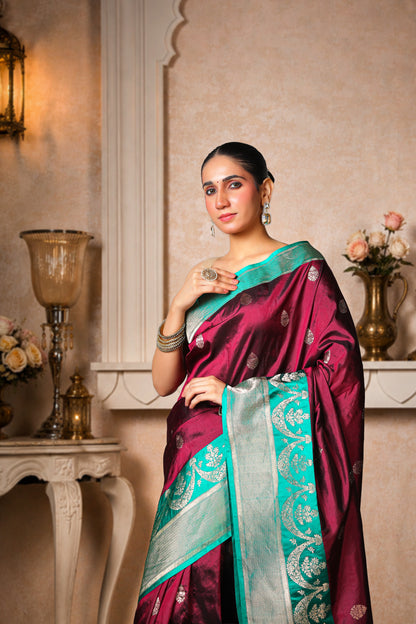 100% Pure Silk Banarasi Saree, Coffee with Teal Green Border and Aanchal
