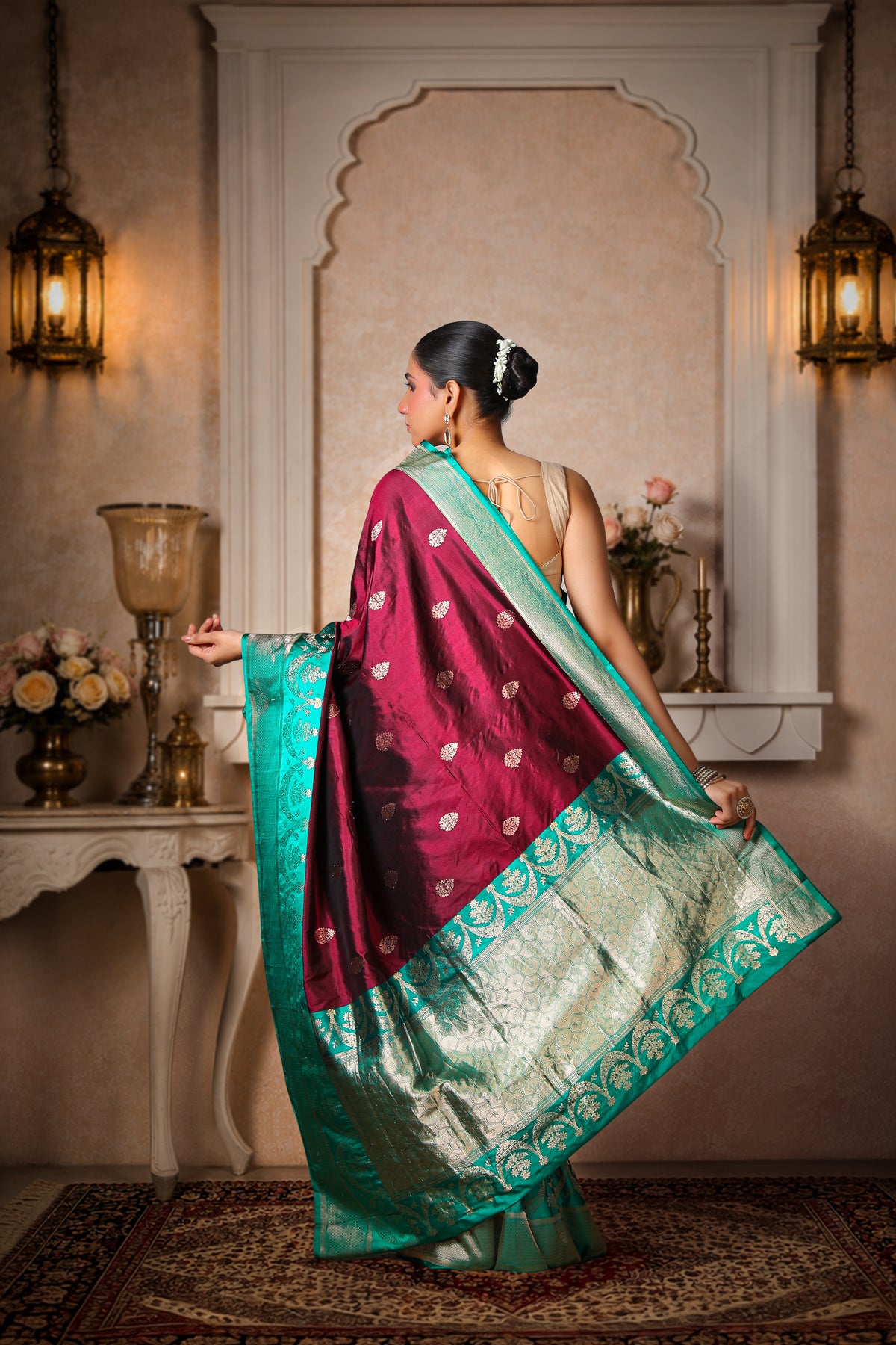 100% Pure Silk Banarasi Saree, Coffee with Teal Green Border and Aanchal