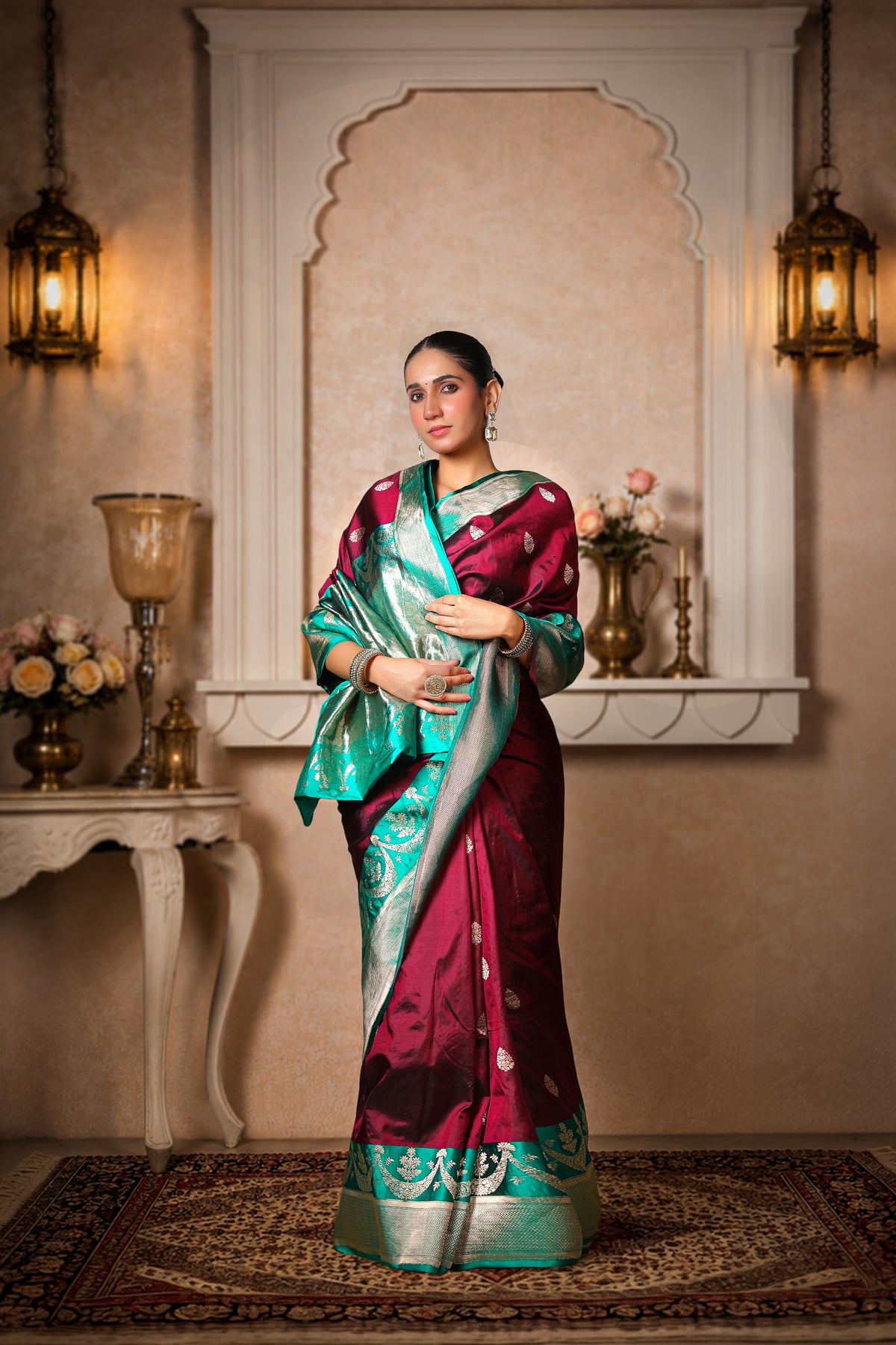 100% Pure Silk Banarasi Saree, Coffee with Teal Green Border and Aanchal