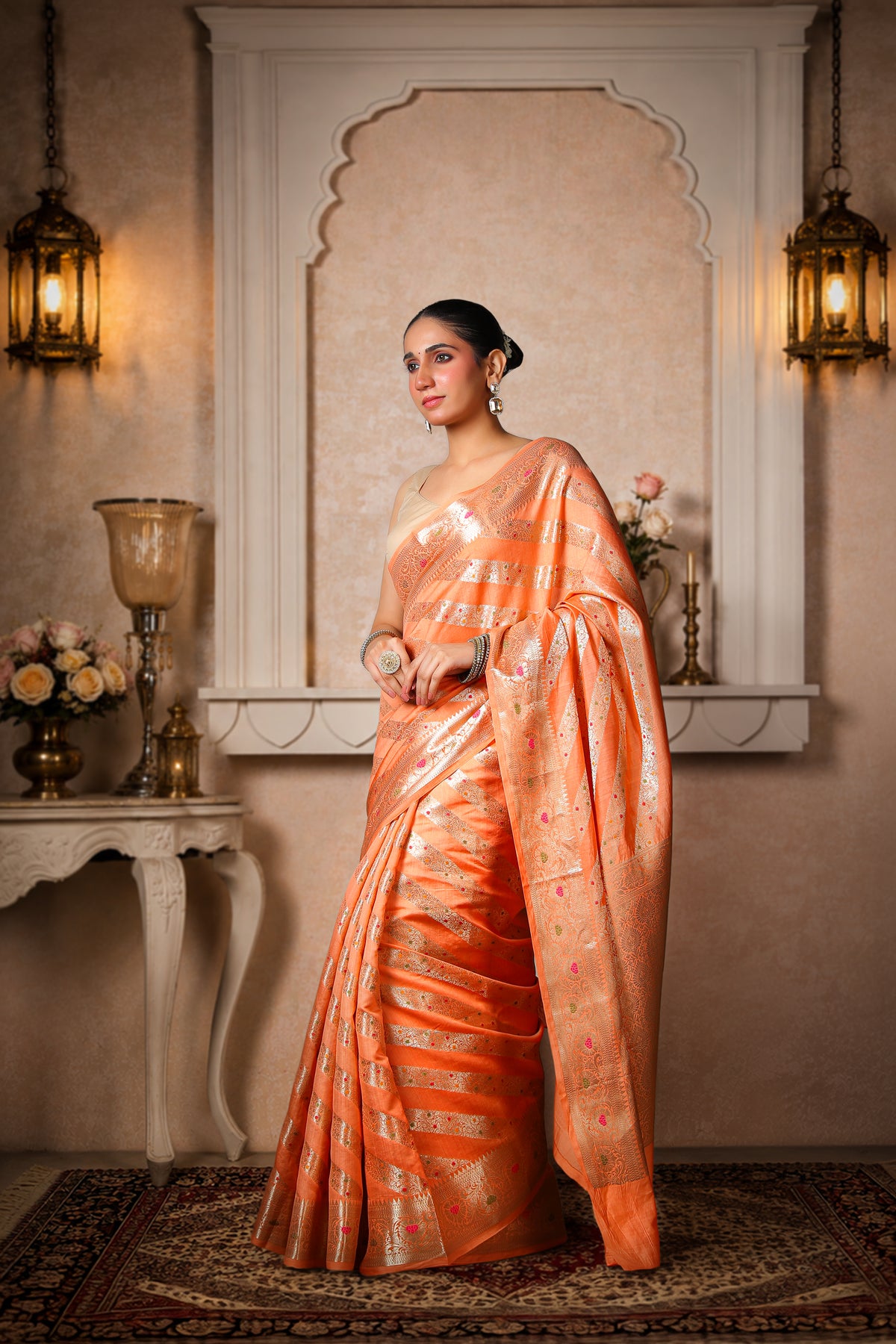 Pure Dupion Silk Banarasi Saree, Peach with Golden Border & Stripes