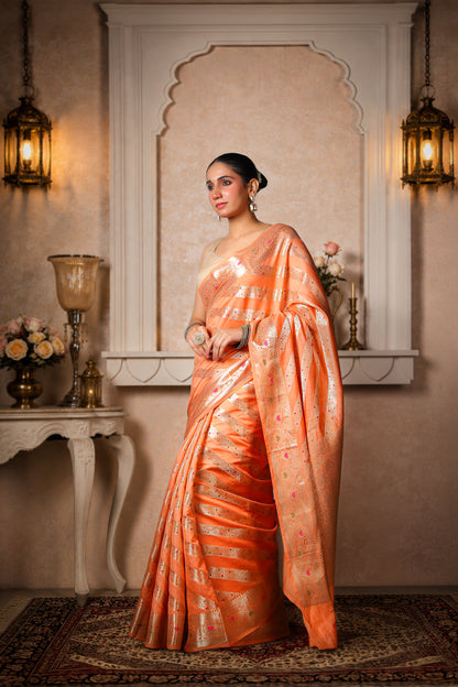Pure Dupion Silk Banarasi Saree, Peach with Golden Border & Stripes