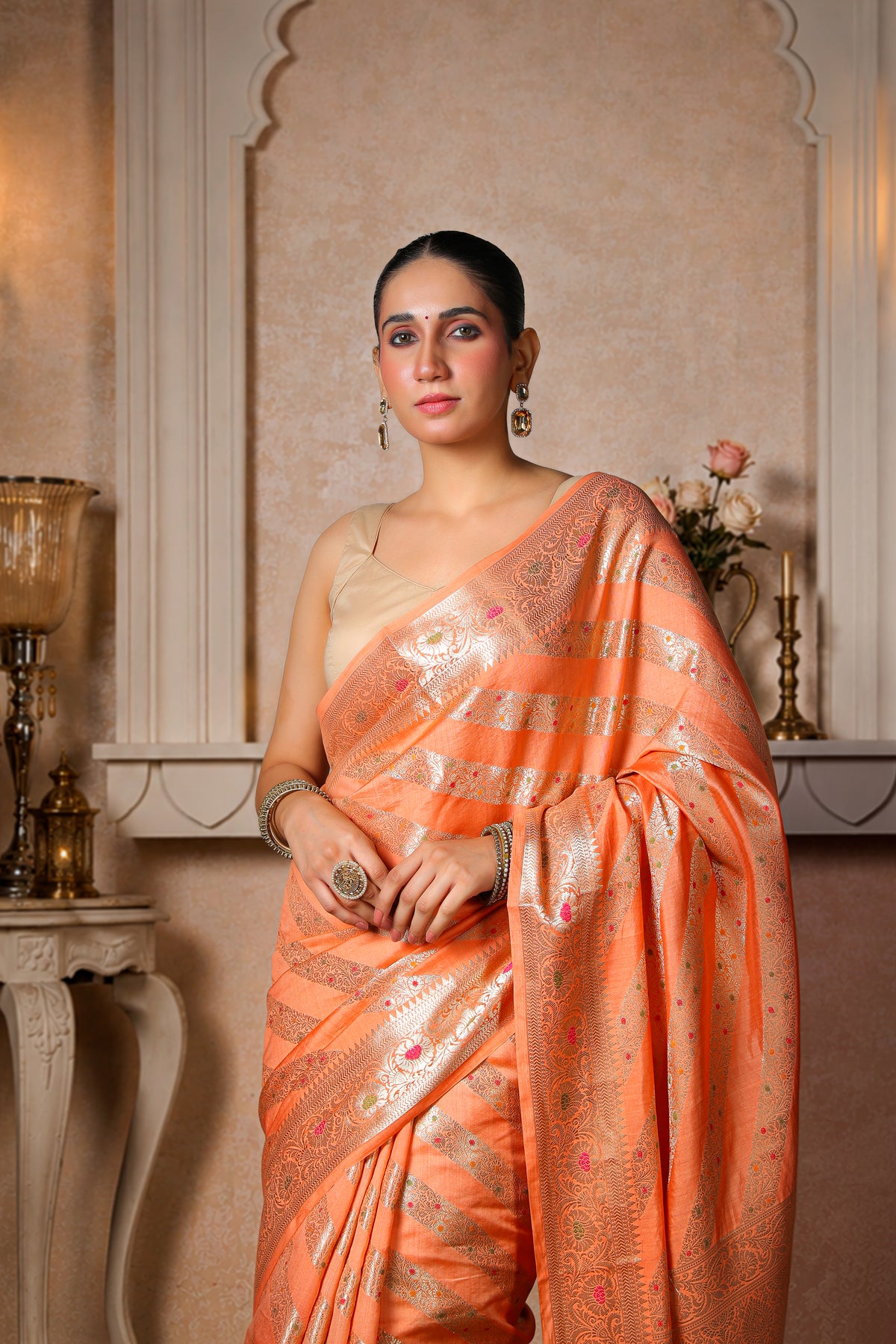 Pure Dupion Silk Banarasi Saree, Peach with Golden Border & Stripes