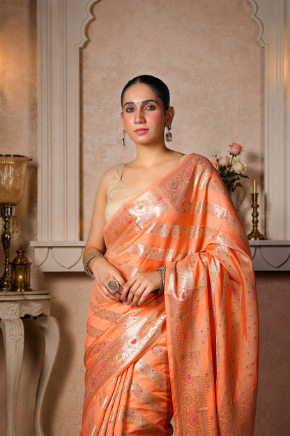 Pure Dupion Silk Banarasi Saree, Peach with Golden Border & Stripes