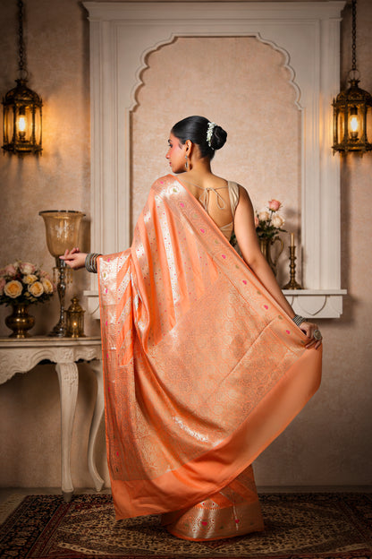Pure Dupion Silk Banarasi Saree, Peach with Golden Border & Stripes