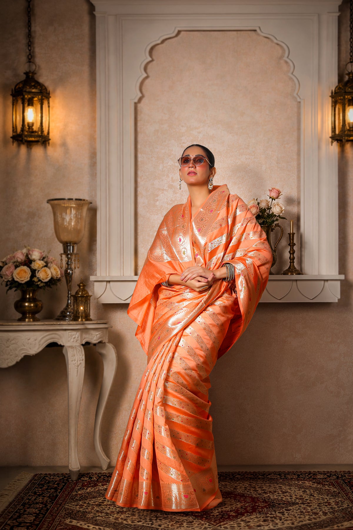 Pure Dupion Silk Banarasi Saree, Peach with Golden Border & Stripes