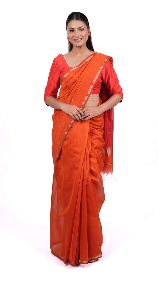 Small zari border, star booti saree, cotton silk,color-Rust Orange/Red