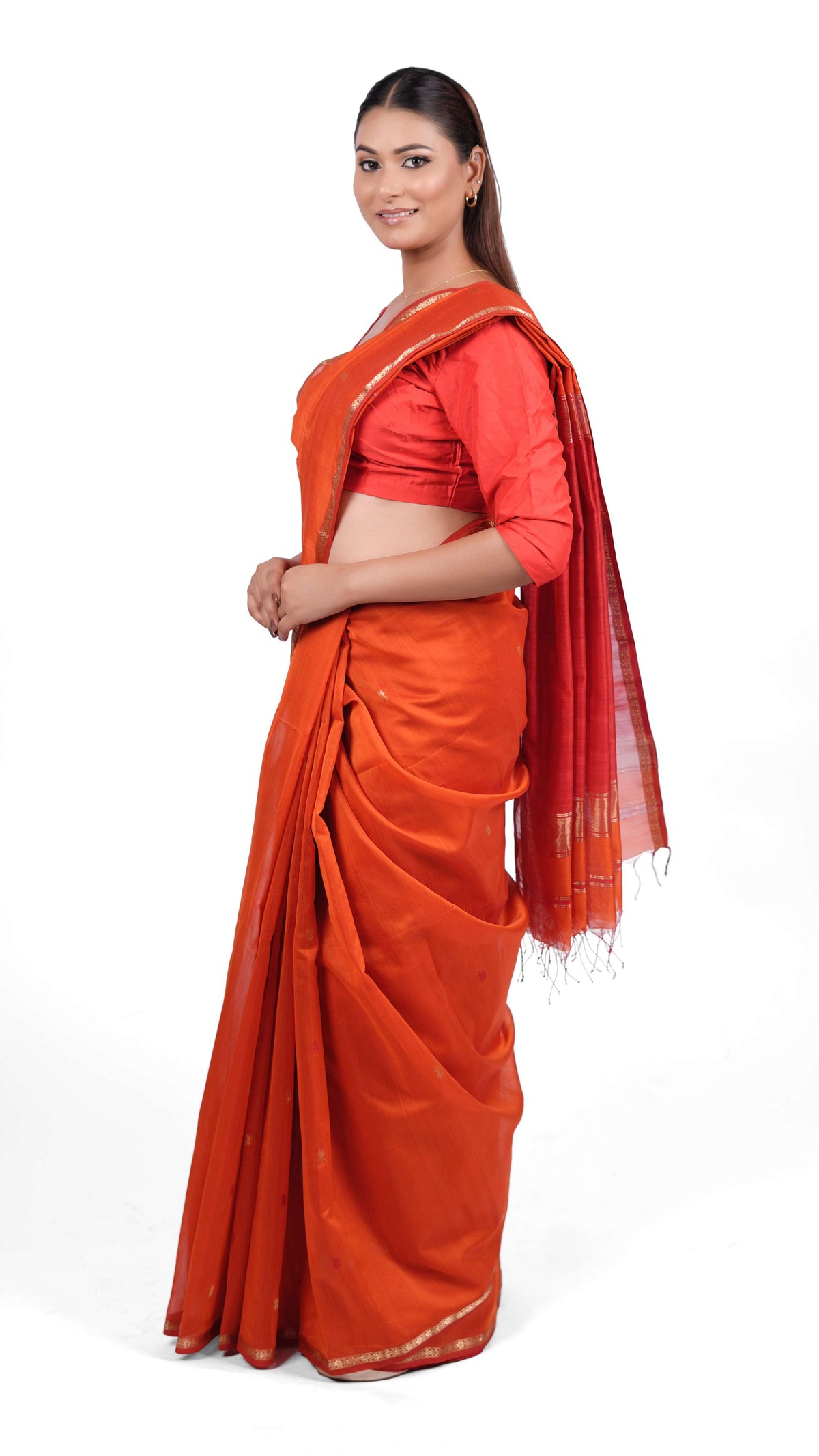 Small zari border, star booti saree, cotton silk,color-Rust Orange/Red