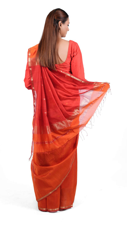 Small zari border, star booti saree, cotton silk,color-Rust Orange/Red